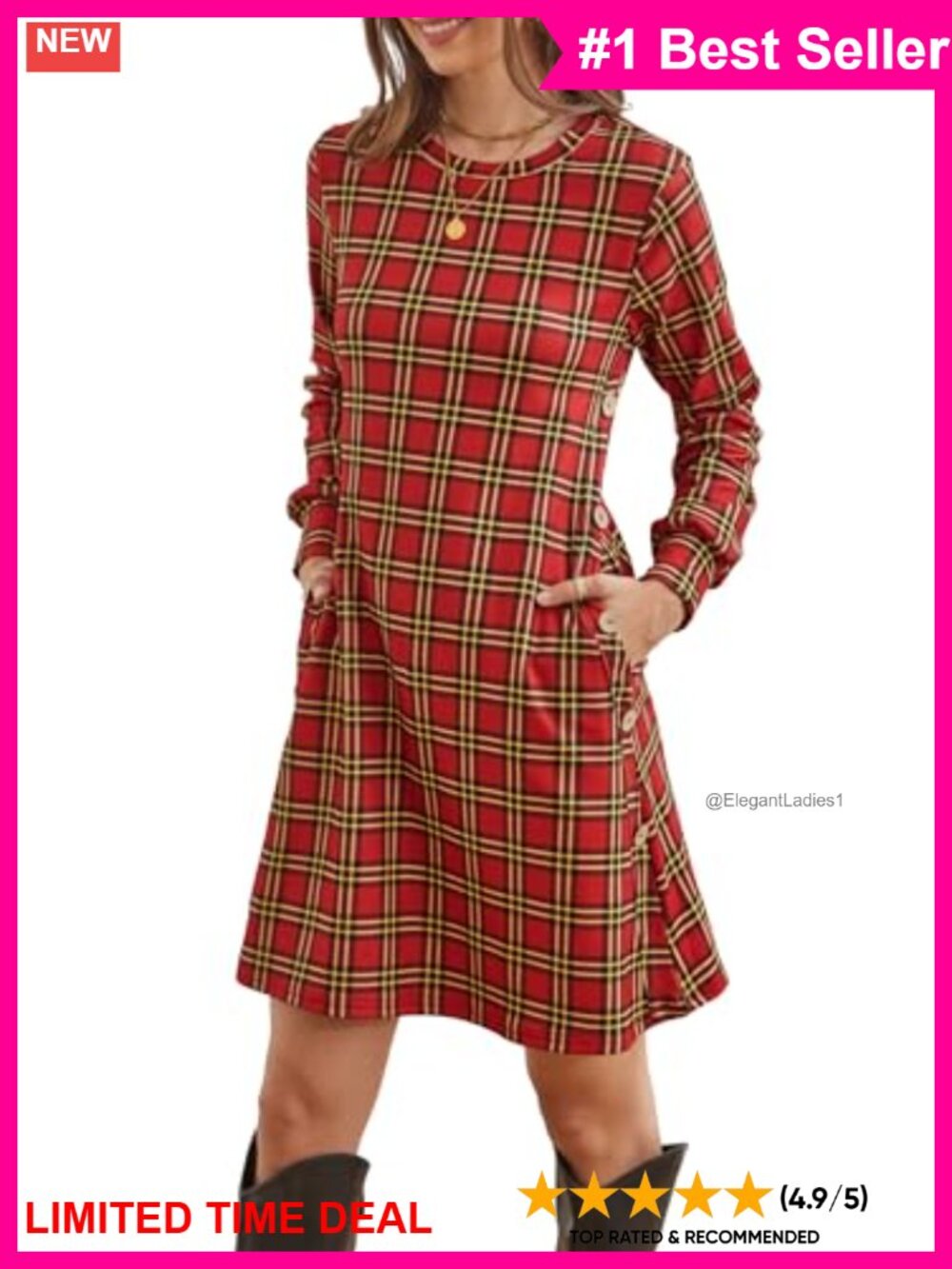 Knit Tunic Dress Long Sleeve Casual Crew Neck with Pockets Button Side Fall